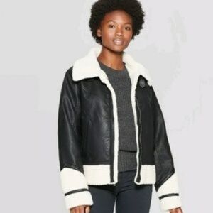 Universal Thread Black and Cream Leather Jacket with Shearling Trim